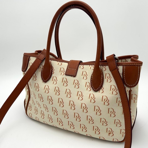 Dooney & Bourke Signature Canvas Leather Monogram Satchel DB Monogram Bag Cream - Picture 3 of 10